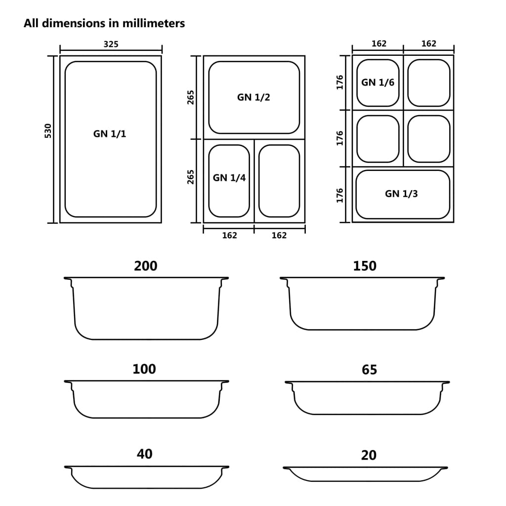 Gastronorm Containers 12 pcs GN 1/3 20 mm Stainless Steel