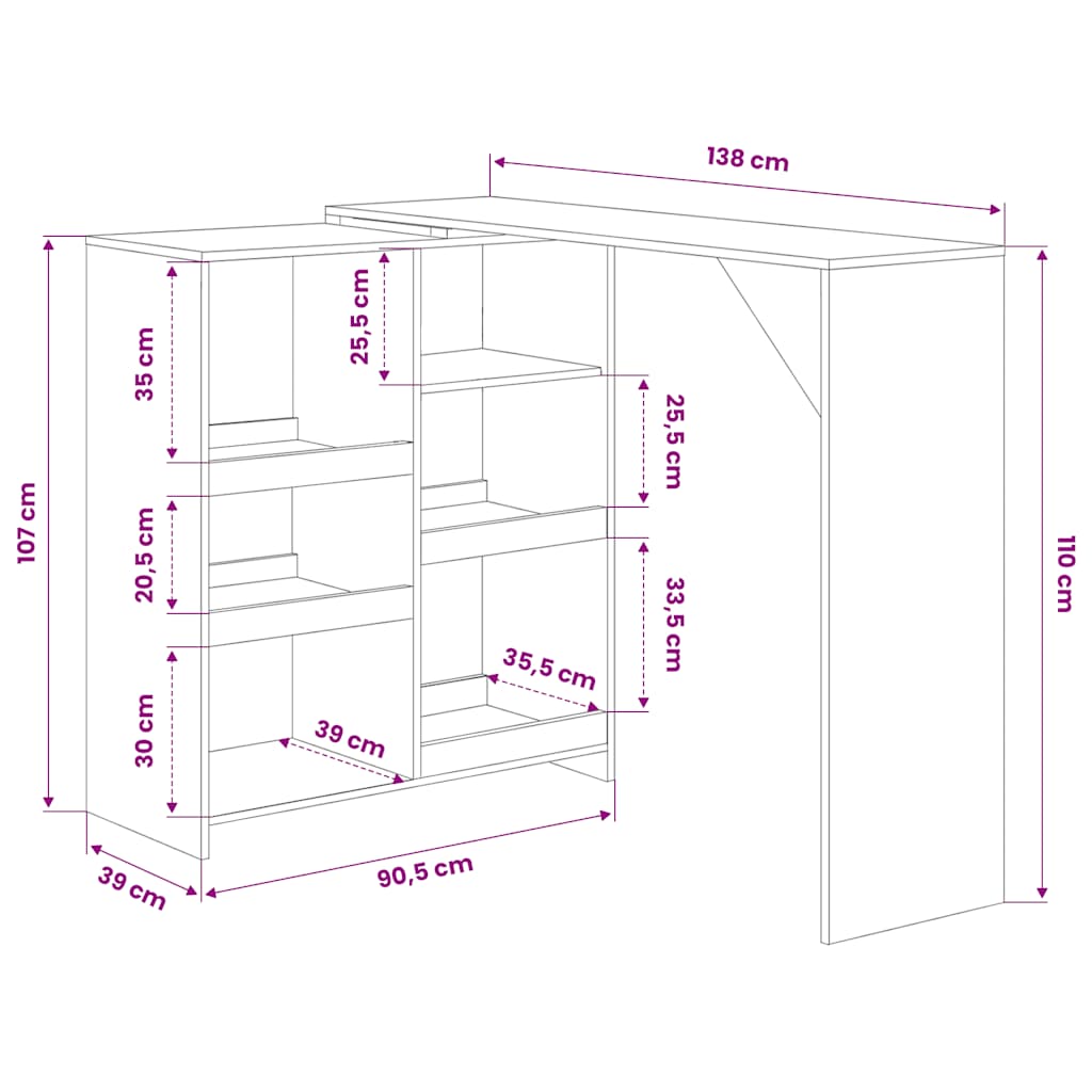 Bar Table with Moveable Shelf White 138x39x110 cm