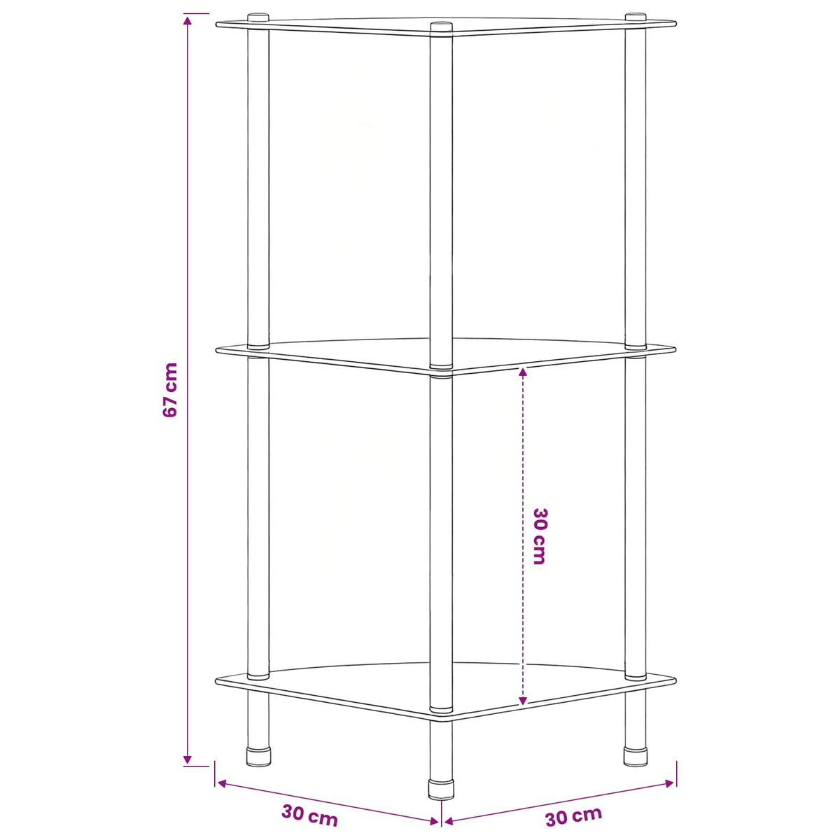 3-Tier Shelf Black 30x30x67 cm Tempered Glass
