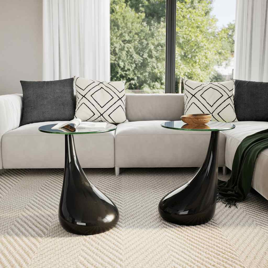 Coffee Table 2 pcs with Round Glass Top High Gloss Black