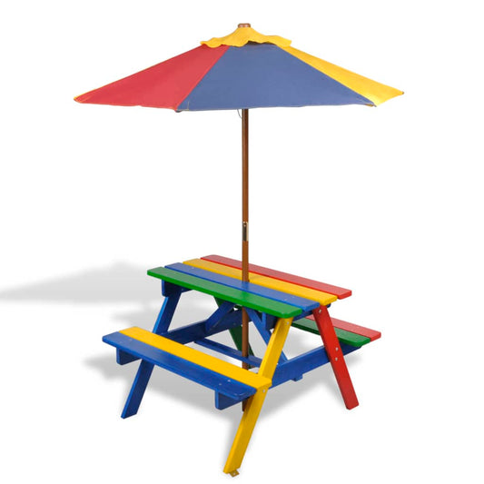 vidaXL Kids' Picnic Table with Benches and Parasol Multicolour Wood