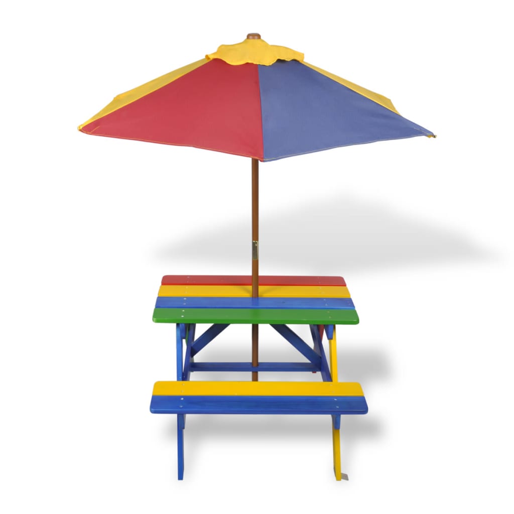 vidaXL Kids' Picnic Table with Benches and Parasol Multicolour Wood