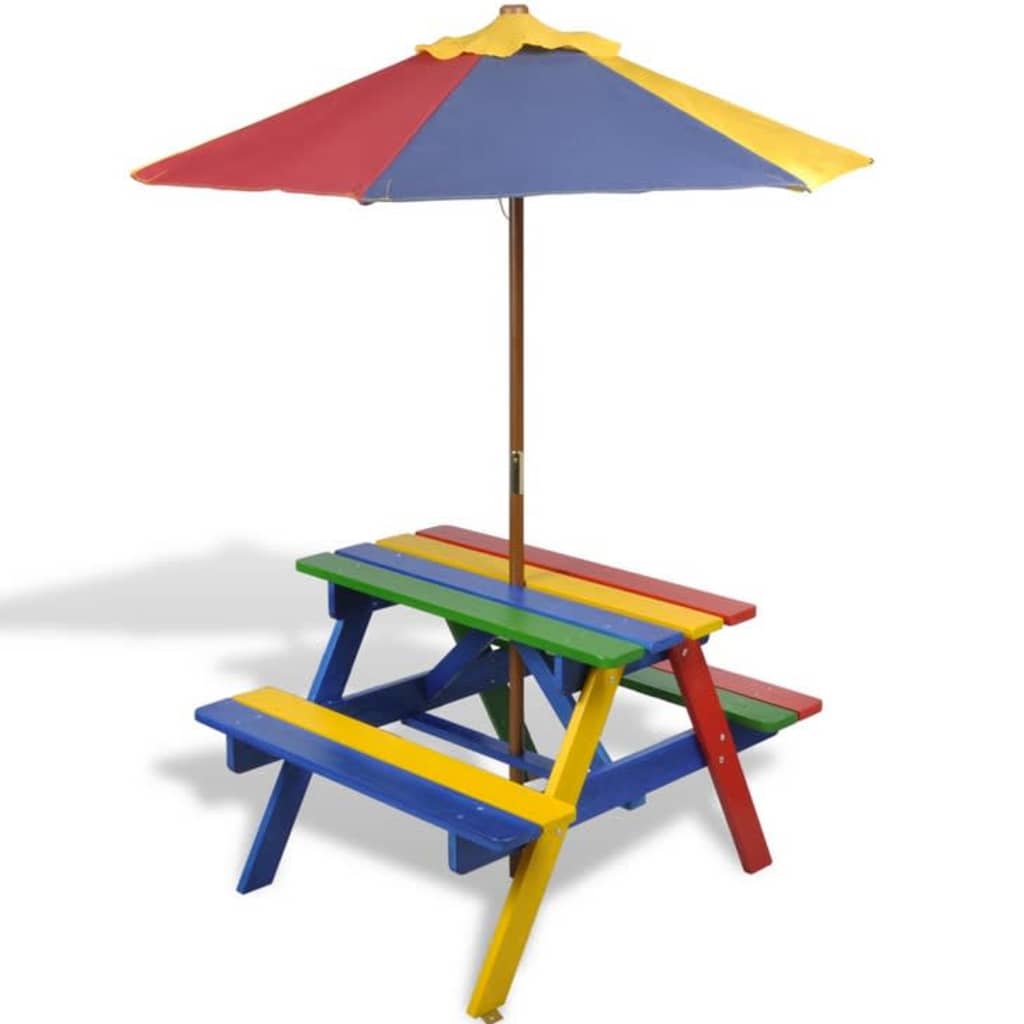 vidaXL Kids' Picnic Table with Benches and Parasol Multicolour Wood