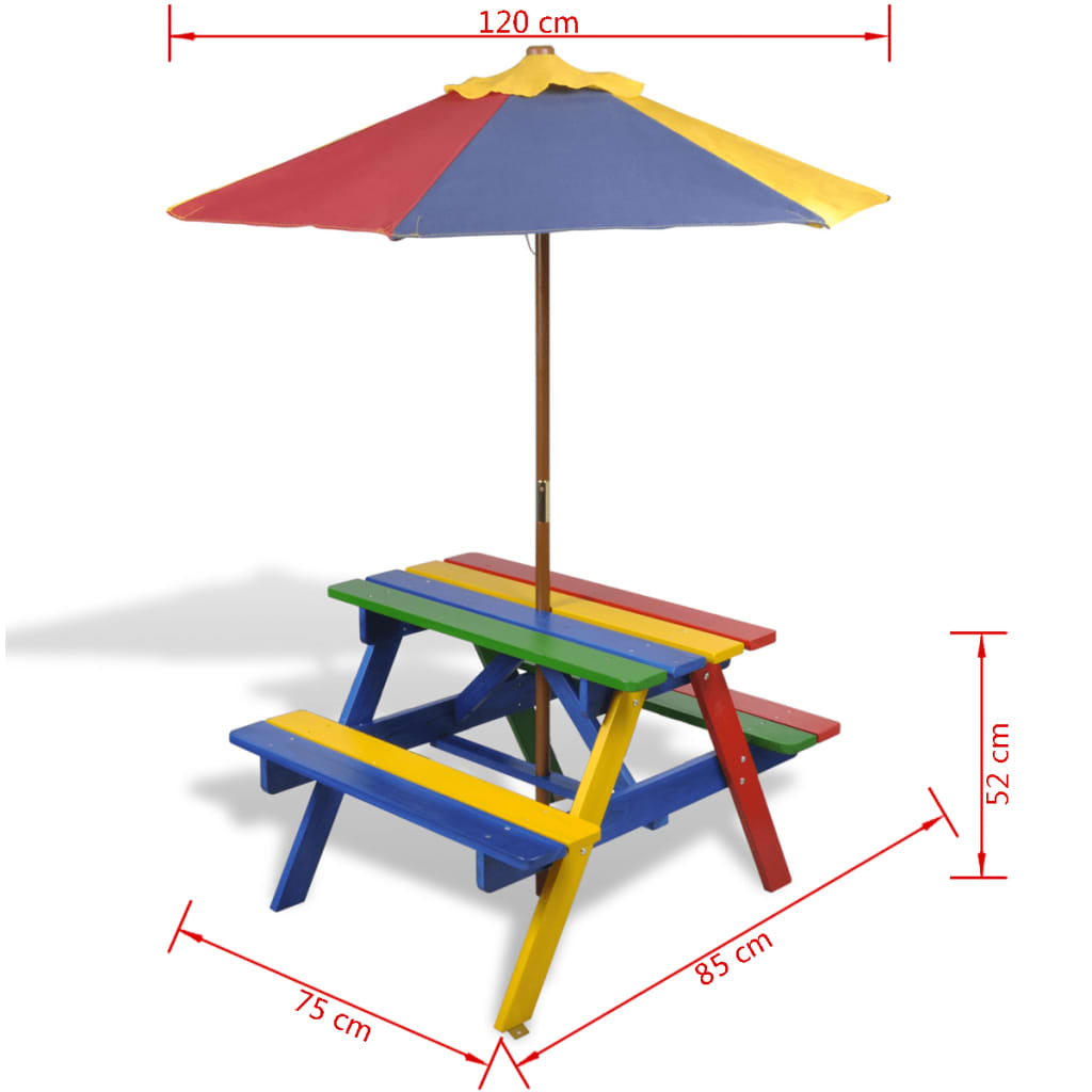 vidaXL Kids' Picnic Table with Benches and Parasol Multicolour Wood