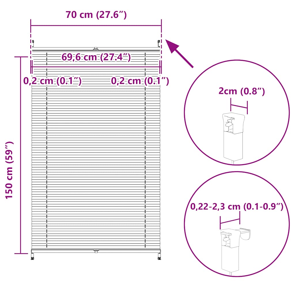 Plisse Blind 70x150cm White Pleated Blind