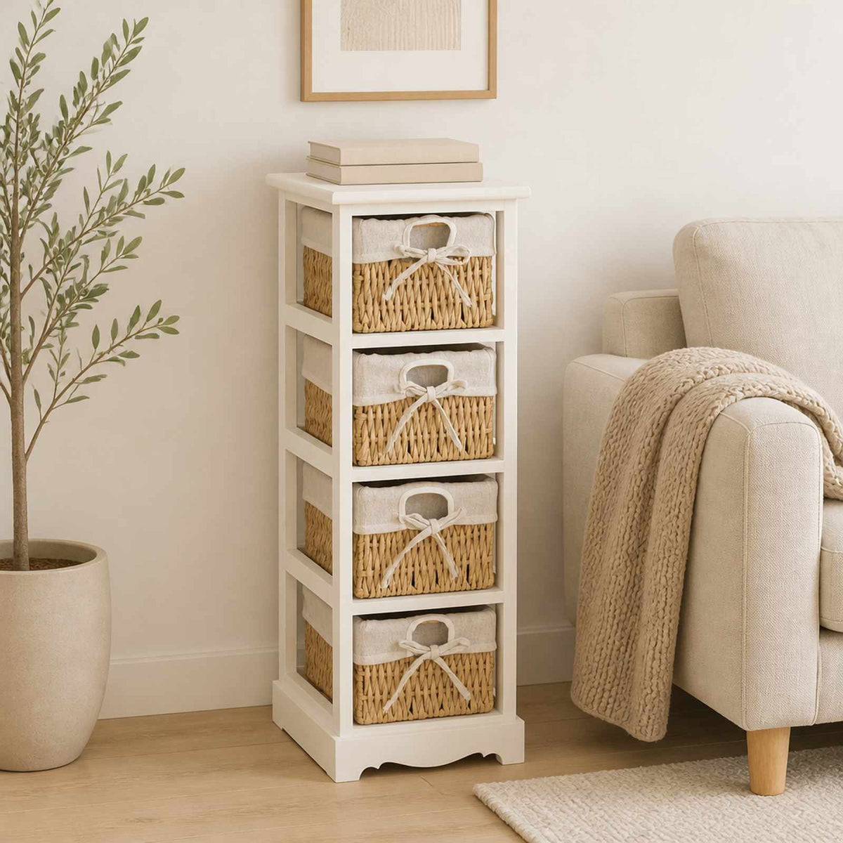 Wooden Storage Rack 4 Weaving Baskets White