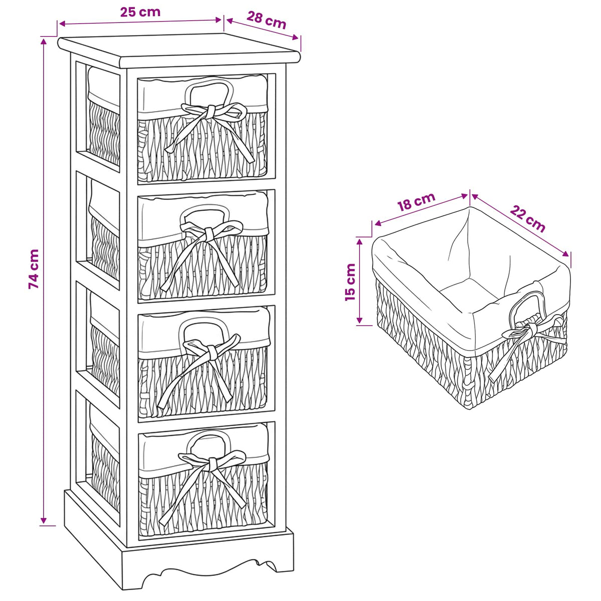Wooden Storage Rack 4 Weaving Baskets White