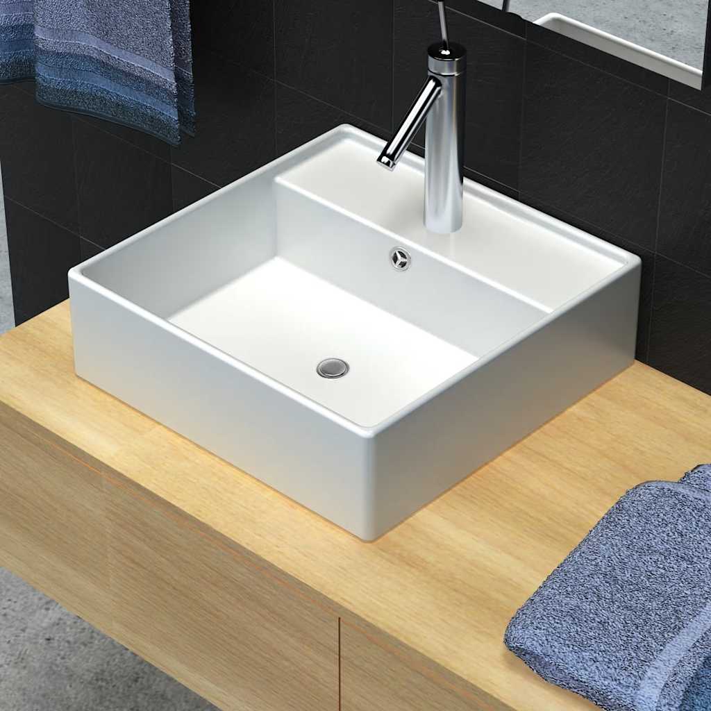 140684 Luxury Ceramic Basin Square with Overflow and Faucet Hole 41 x 41 cm