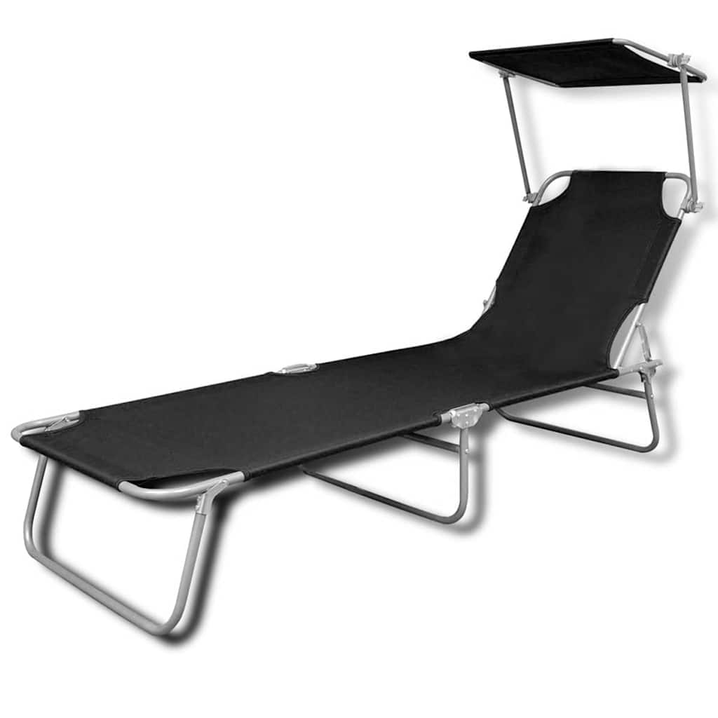 41197 vidaXL Folding Sun Lounger with Canopy Steel and Fabric Black