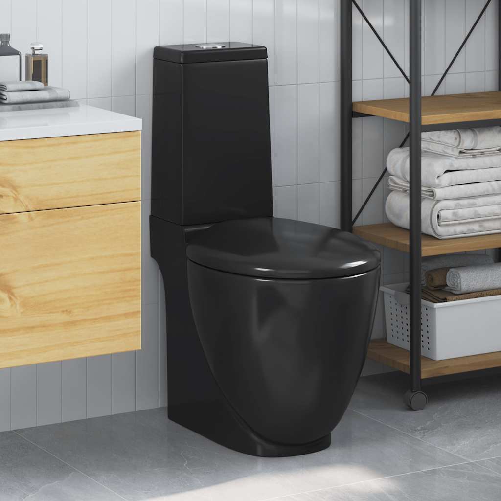 141136 vidaXL WC Ceramic Toilet Bathroom Round Toilet Bottom Water Flow Black