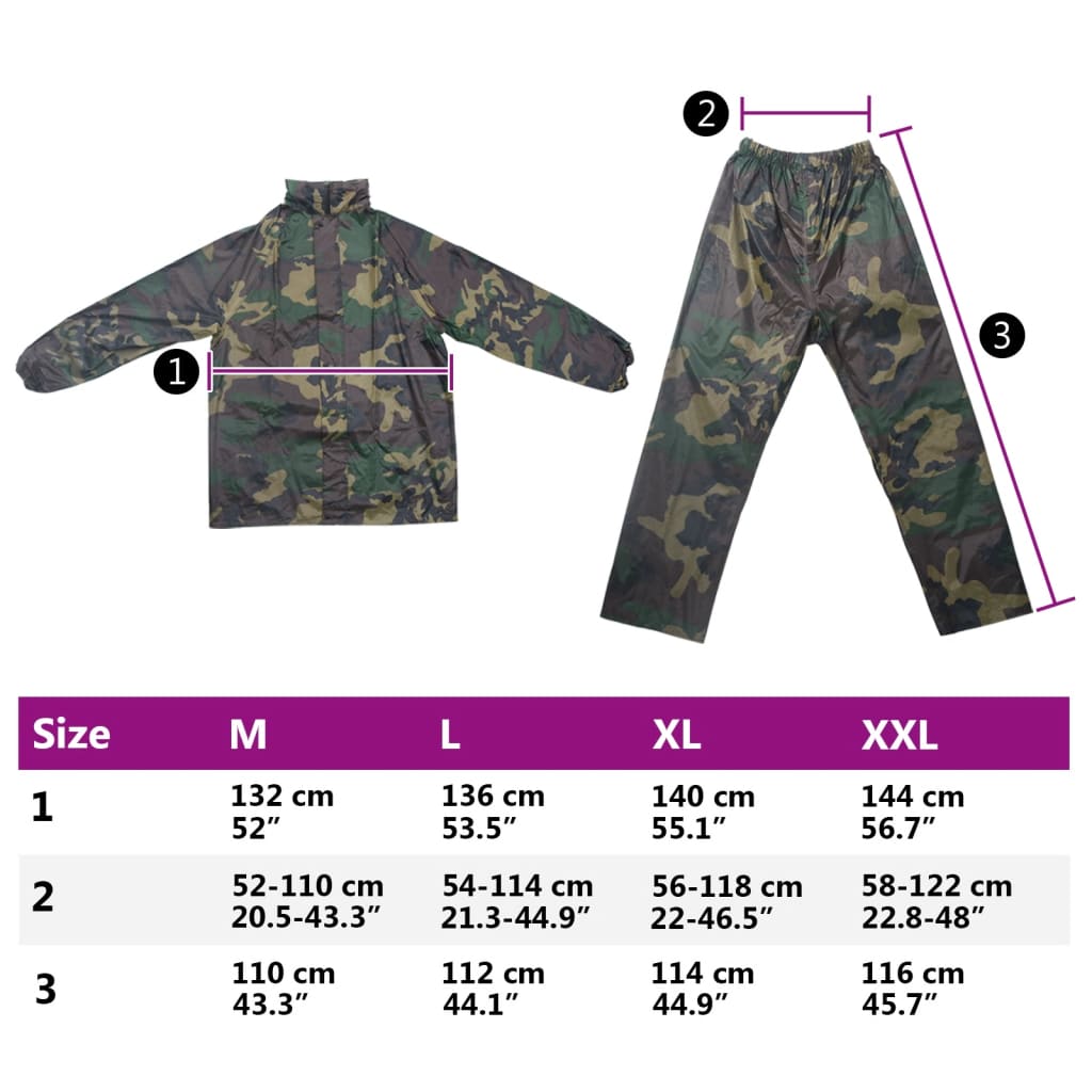 Men's Camo Print 2-Piece Rain Suit with Hood M