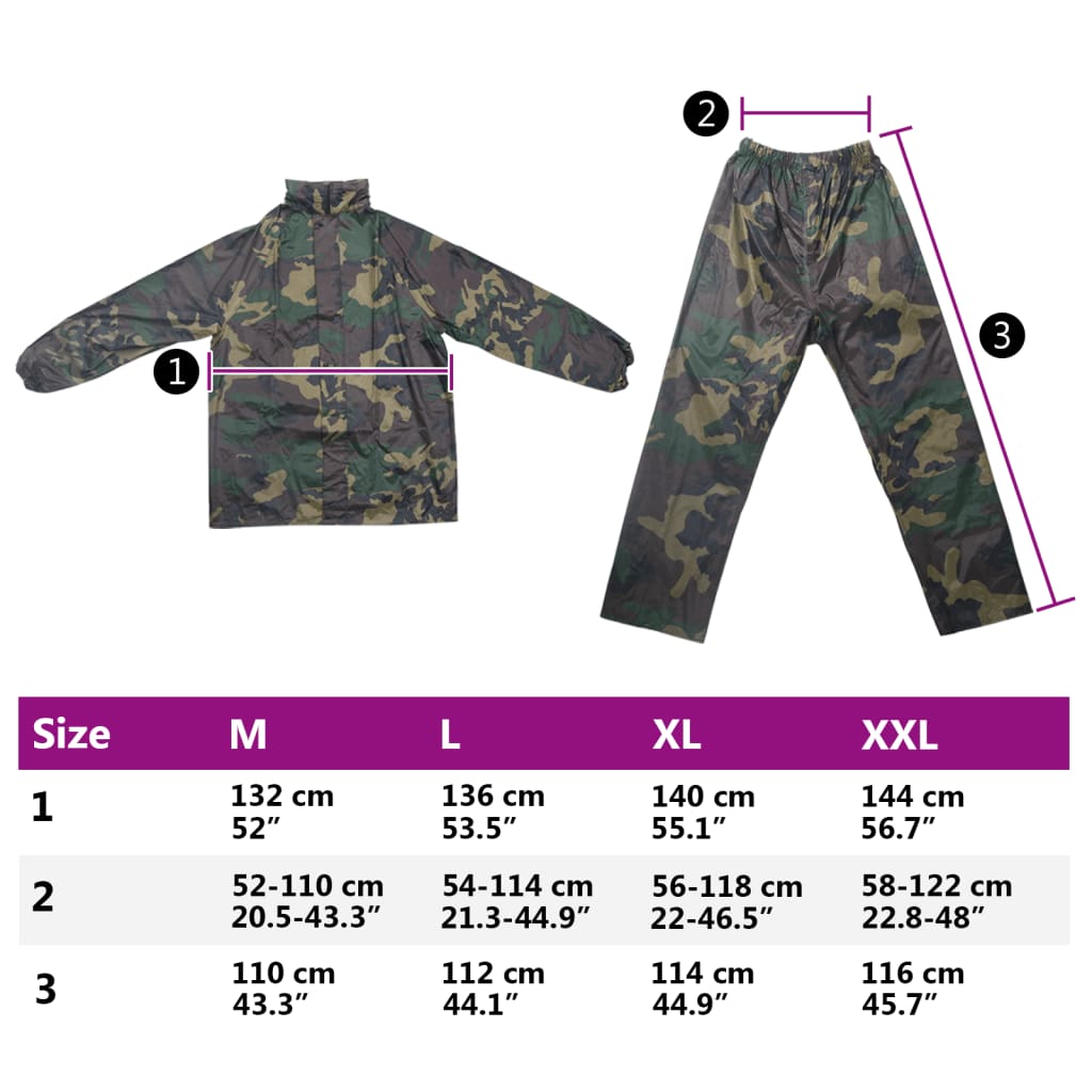 Men's Camo Print 2-Piece Rain Suit with Hood L