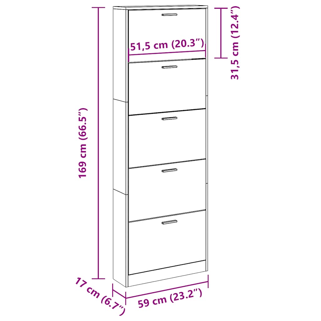 Oak Look Wooden Shoe Cabinet with 5 Compartments