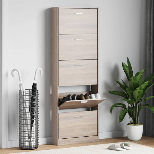 Oak Look Wooden Shoe Cabinet with 5 Compartments