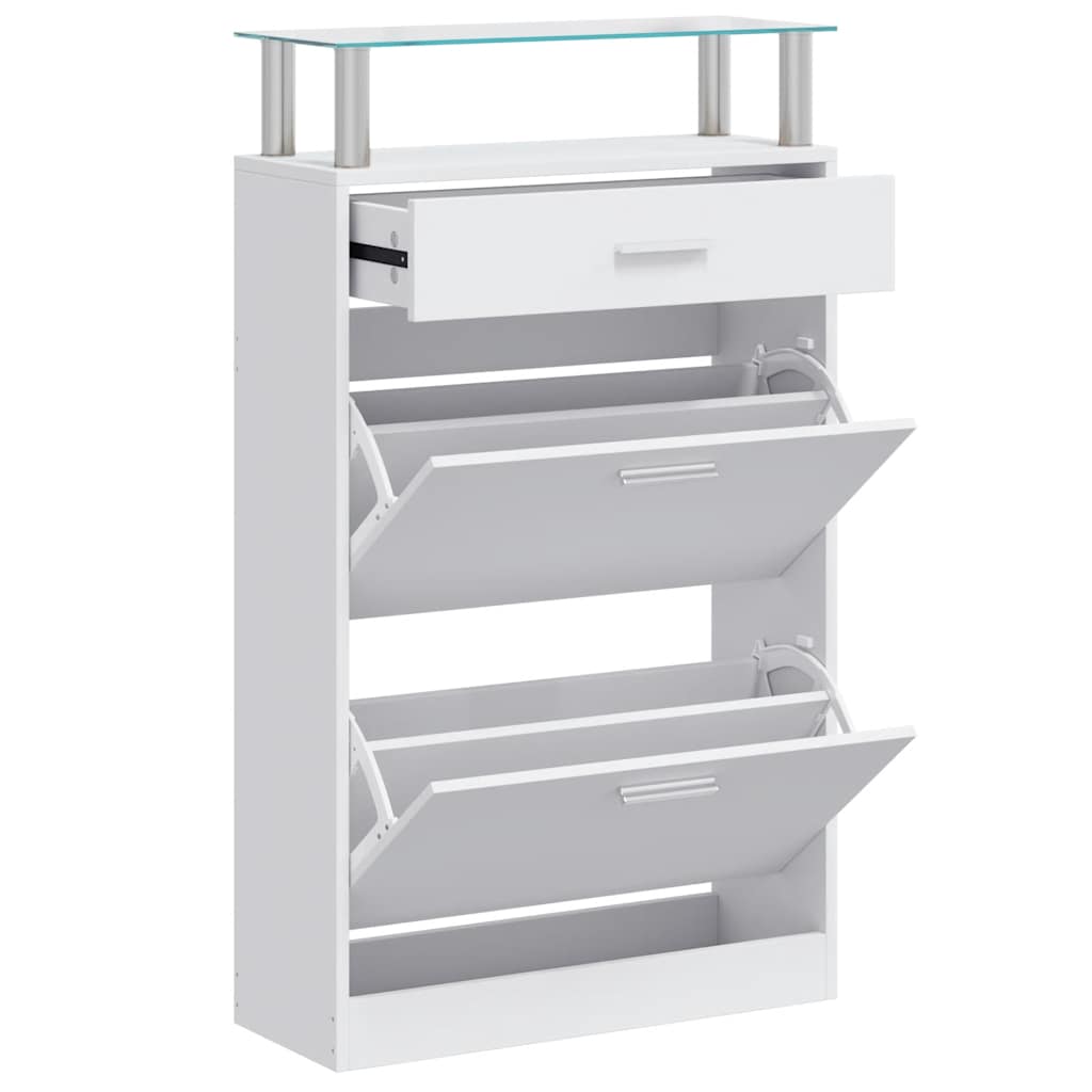 Shoe Cabinet with a Drawer and a Top Glass Shelf Wood White