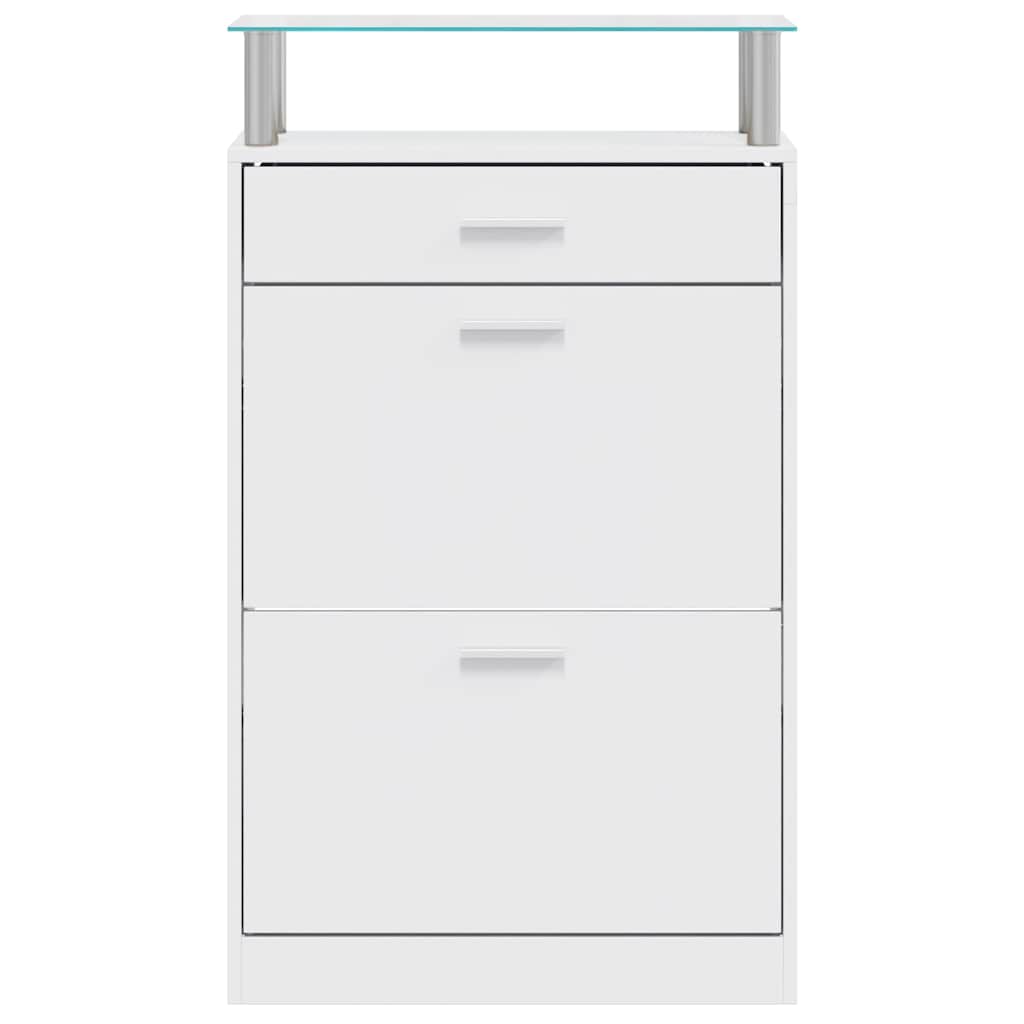 Shoe Cabinet with a Drawer and a Top Glass Shelf Wood White