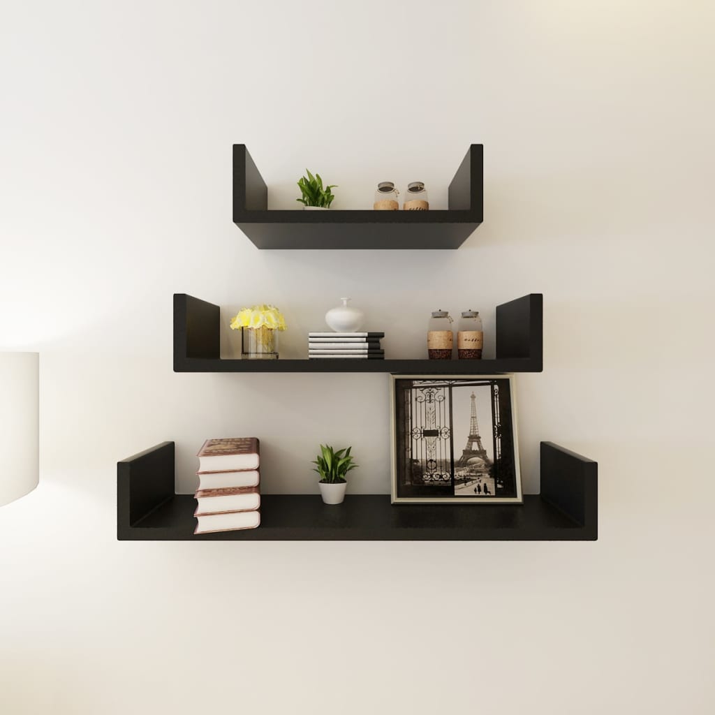 3 Black MDF U-shaped Floating Wall Display Shelves Book/DVD Storage