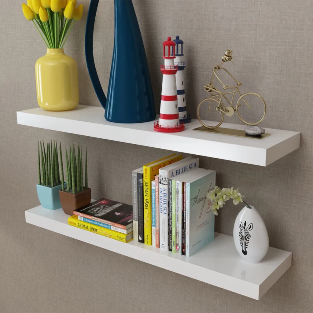 2 White MDF Floating Wall Display Shelves Book/DVD Storage