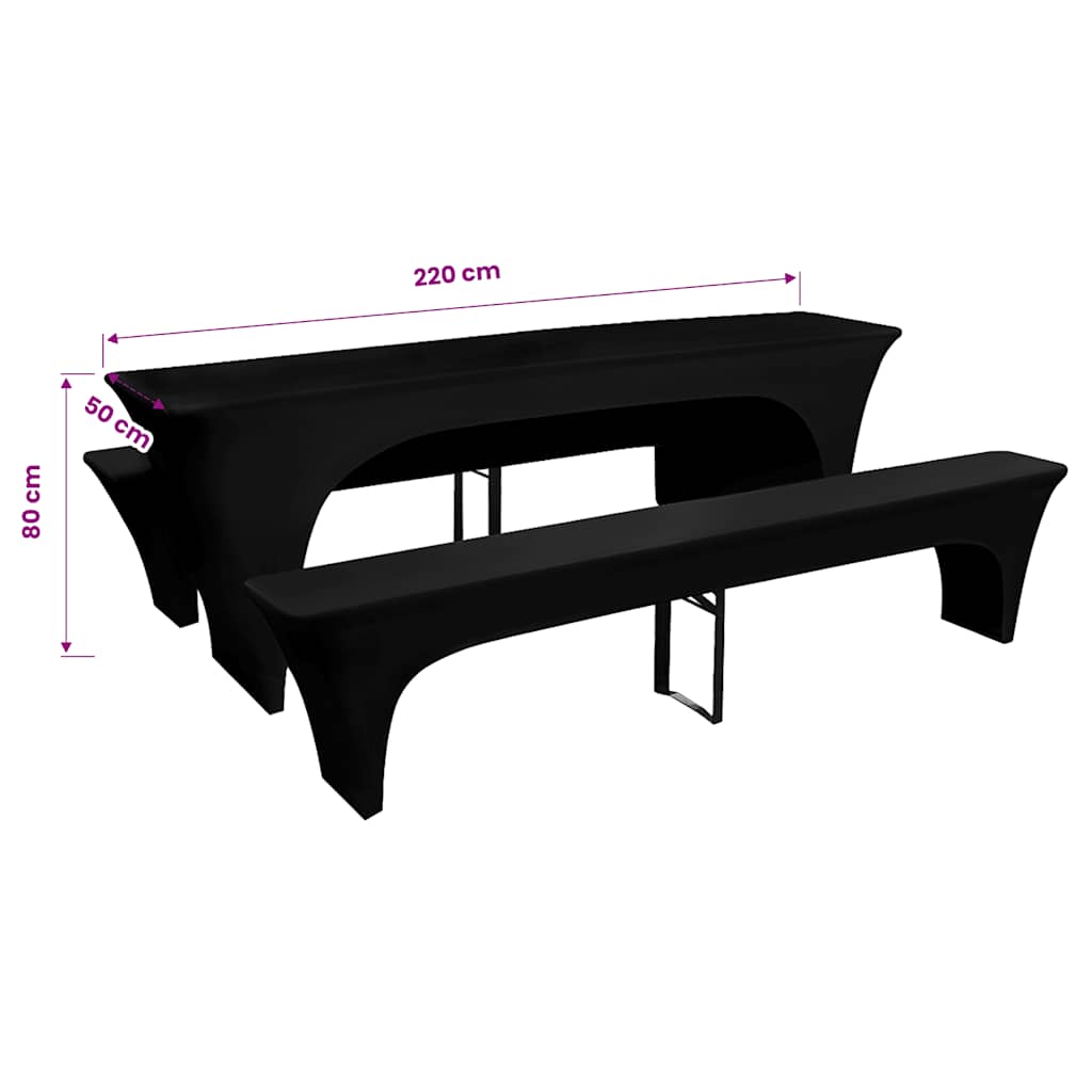 3 Slipcovers for Beer Table and Benches Stretch Black 220 x 50 x 80 cm