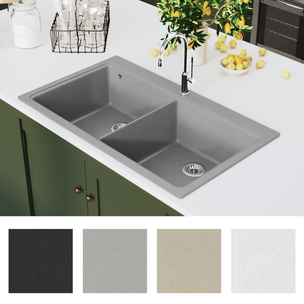 Overmount Kitchen Sink Double Basin Granite Grey