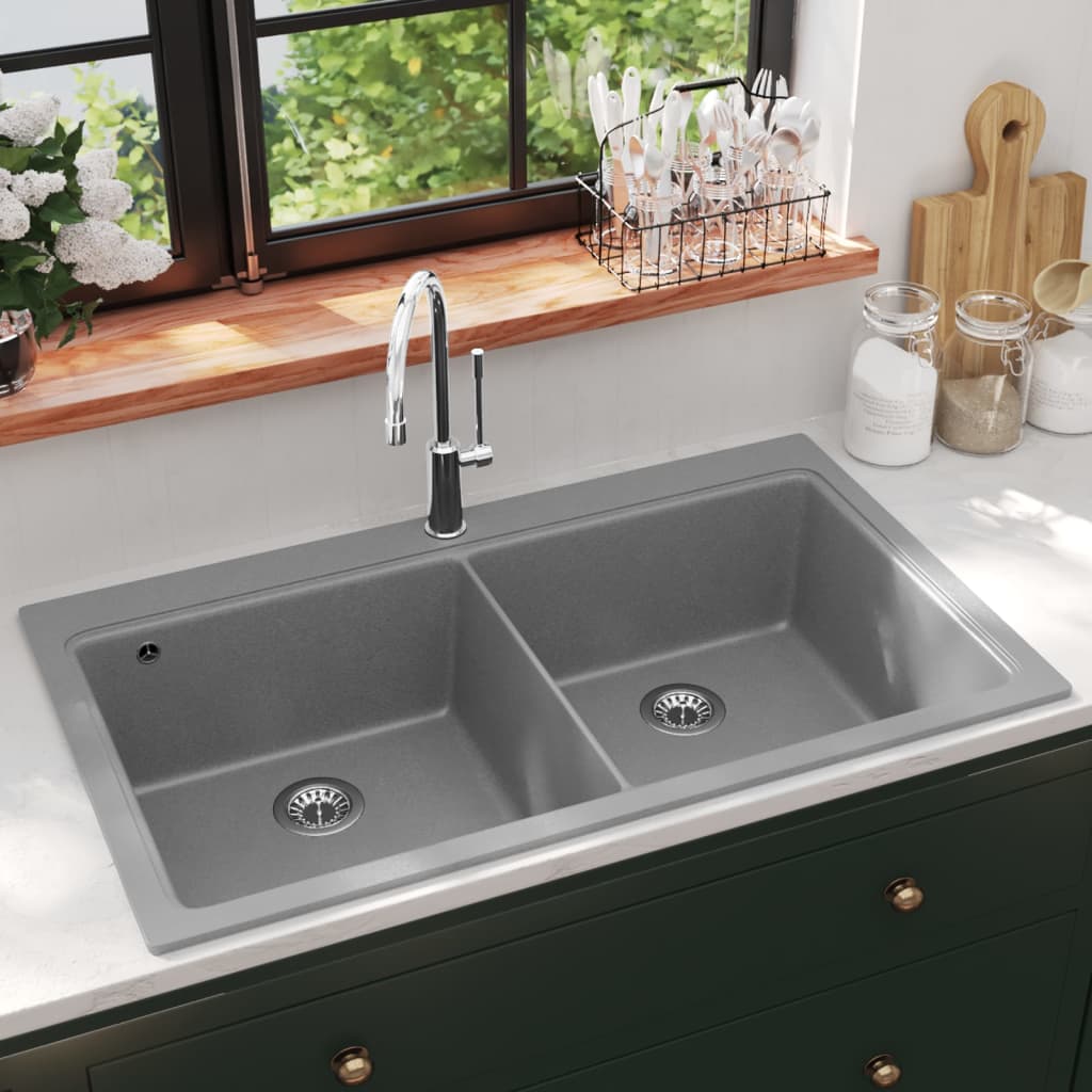 Overmount Kitchen Sink Double Basin Granite Grey