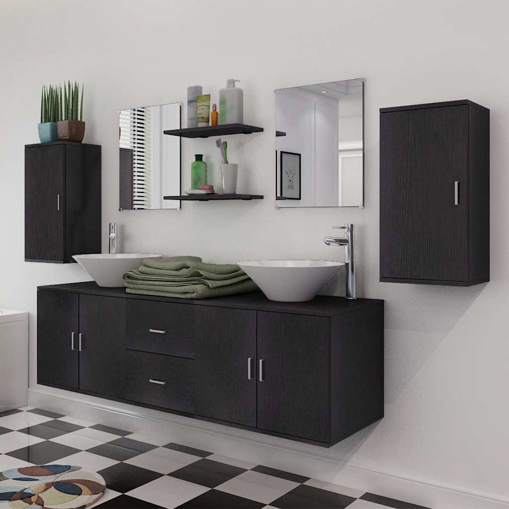 Nine Piece Bathroom Furniture and Basin Set Black