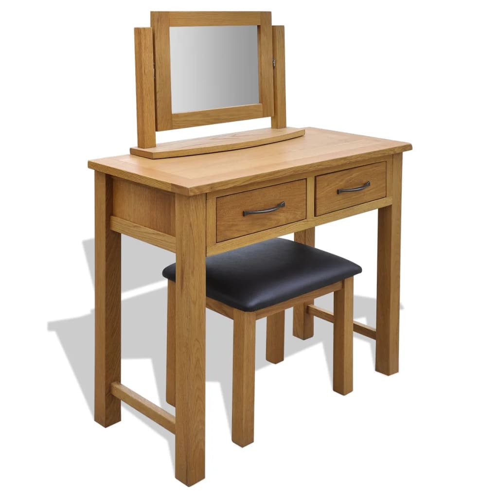 vidaXL Dressing Table with Stool Solid Oak Wood