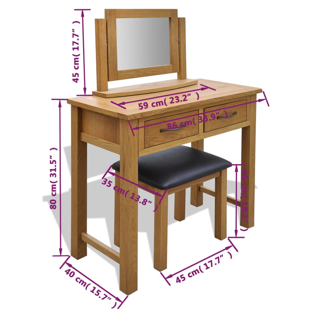 vidaXL Dressing Table with Stool Solid Oak Wood