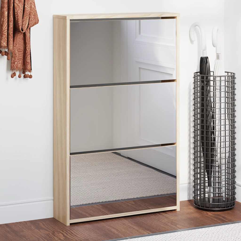Shoe Cabinet 3-Layer Mirror Oak 63x17x102.5 cm