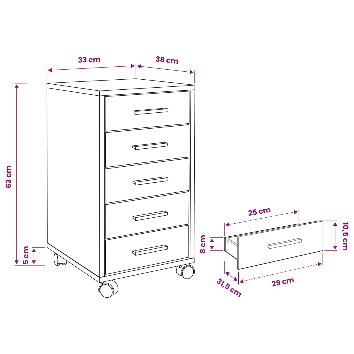 Office Drawer Unit with Castors 5 Drawers White