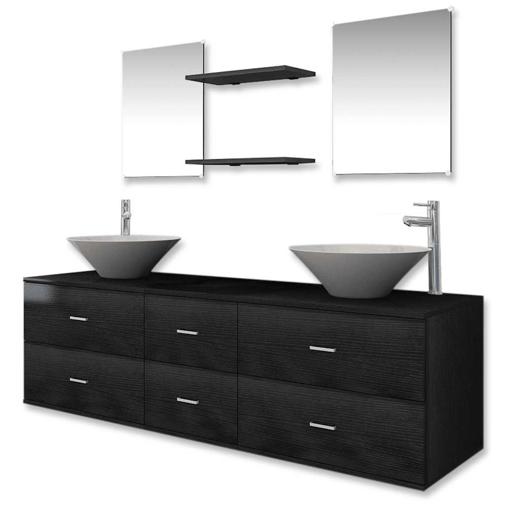 Nine Piece Bathroom Furniture Set with Basin with Tap Black