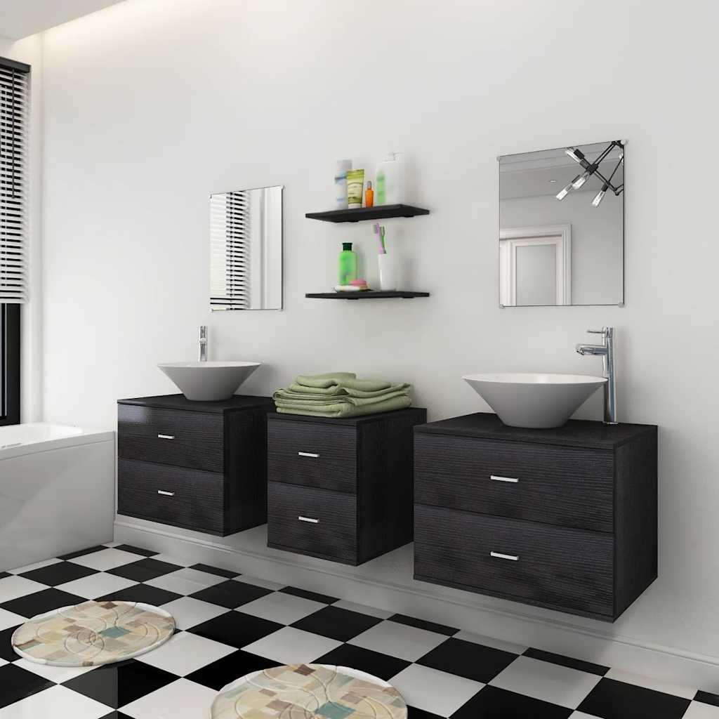 Nine Piece Bathroom Furniture Set with Basin with Tap Black
