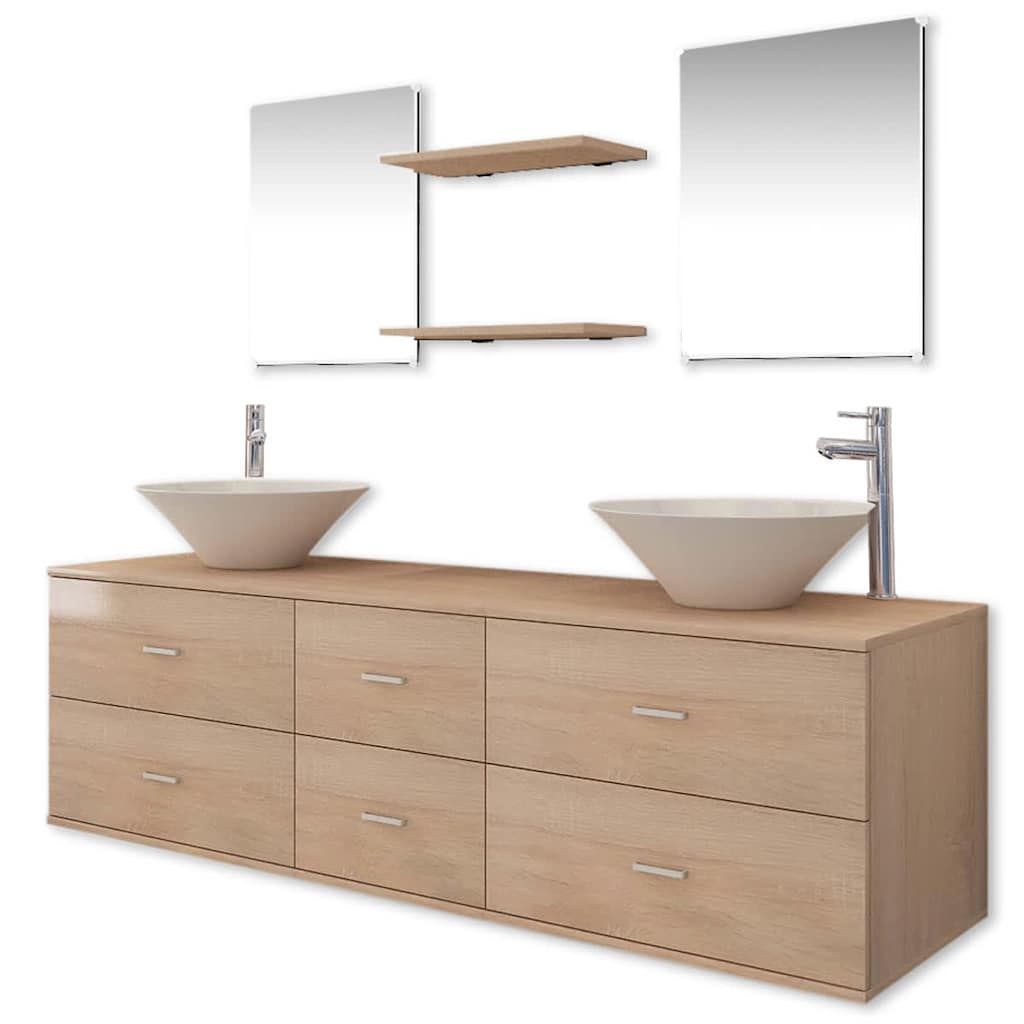 Nine Piece Bathroom Furniture Set with Basin with Tap Beige