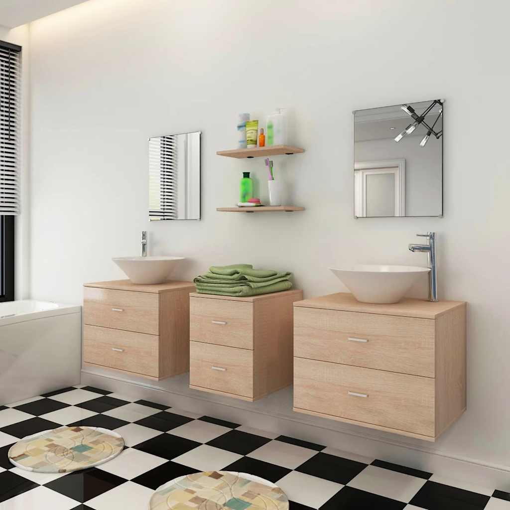 Nine Piece Bathroom Furniture Set with Basin with Tap Beige