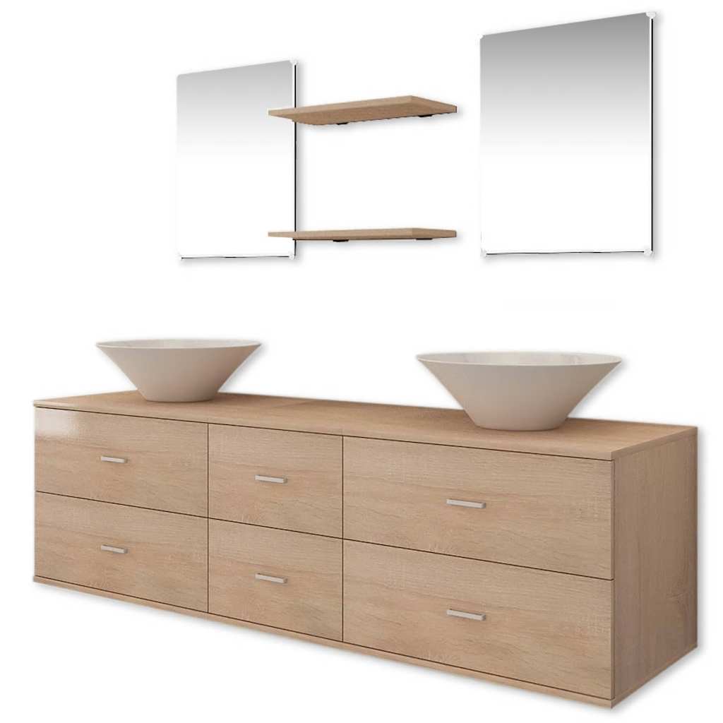 Nine Piece Bathroom Furniture Set with Basin with Tap Beige