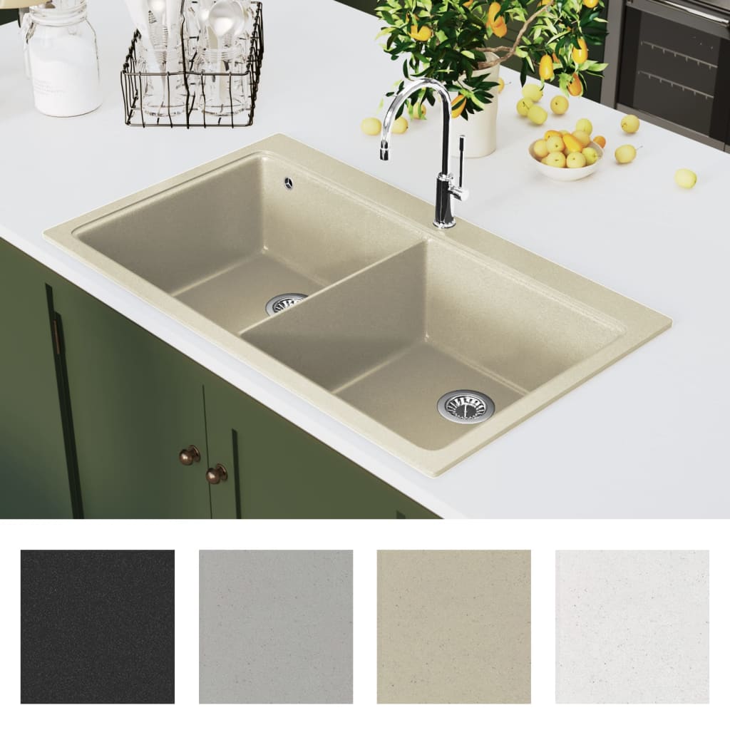 vidaXL Granite Kitchen Sink Double Basins Beige