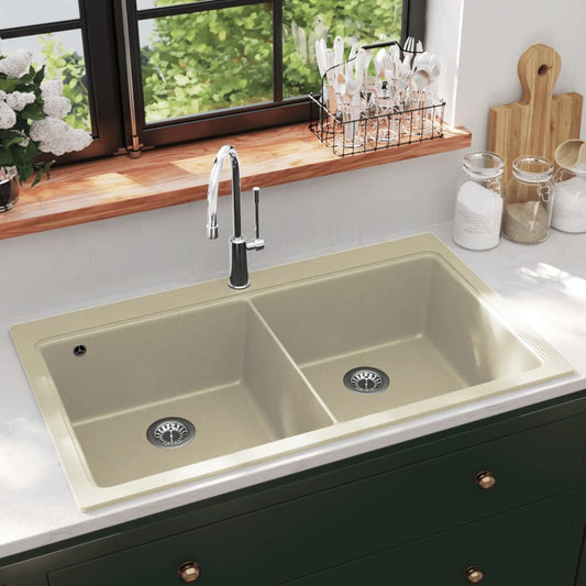 vidaXL Granite Kitchen Sink Double Basins Beige