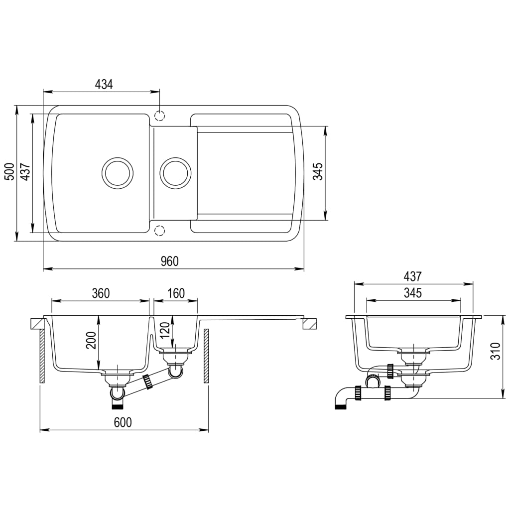 vidaXL Granite Kitchen Sink Double Basins White