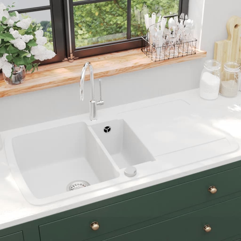 vidaXL Granite Kitchen Sink Double Basins White