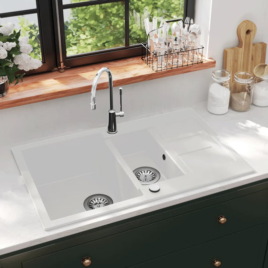 vidaXL Granite Kitchen Sink Double Basins White