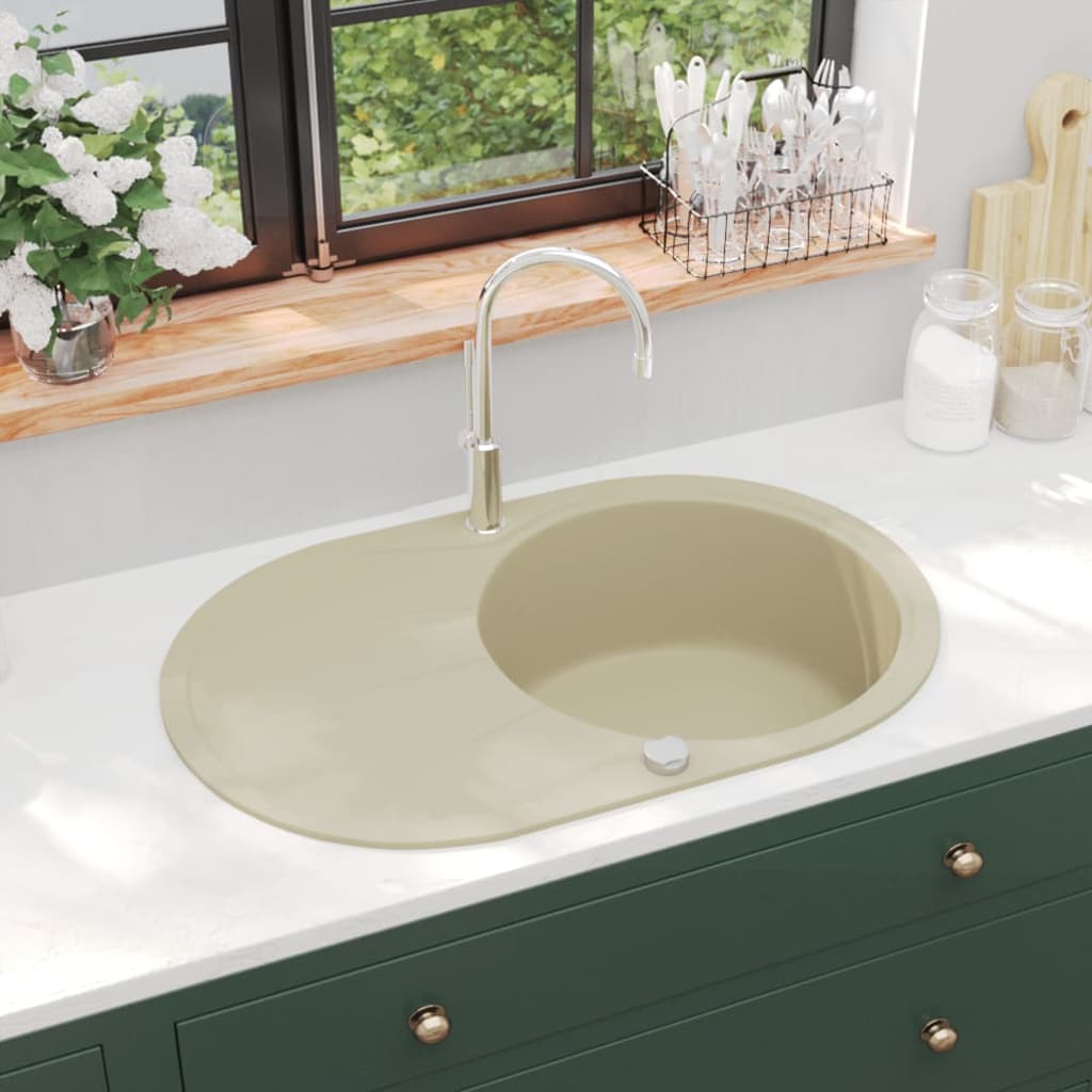 vidaXL Granite Kitchen Sink Single Basin Oval Beige