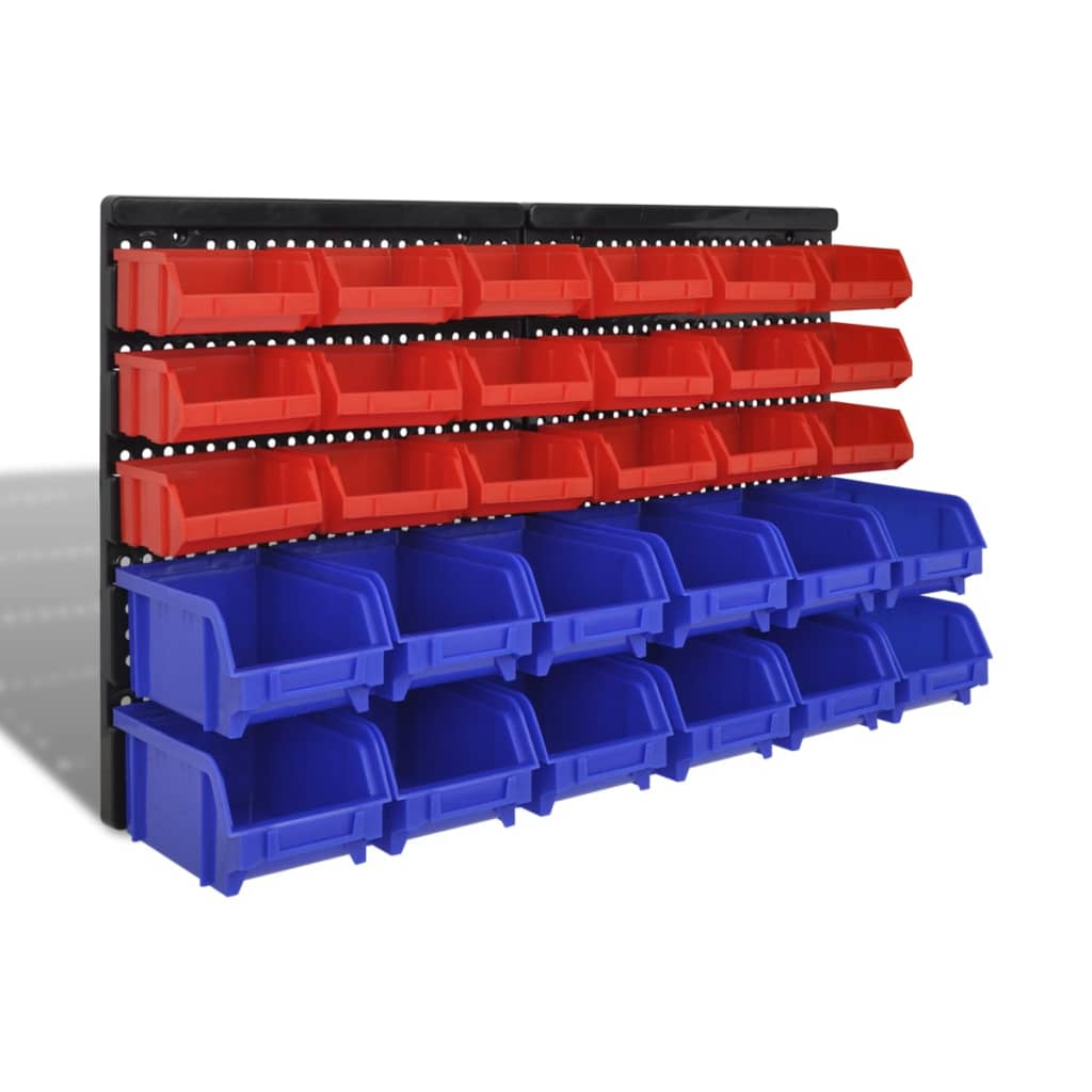 Wall Mounted Garage Plastic Storage Bin Set 30 pcs Blue & Red