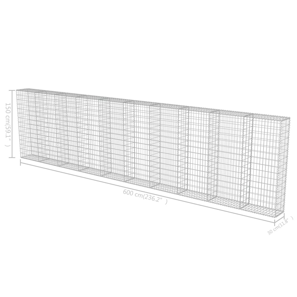 vidaXL Gabion Wall with Covers Galvanised Steel 600x30x150 cm