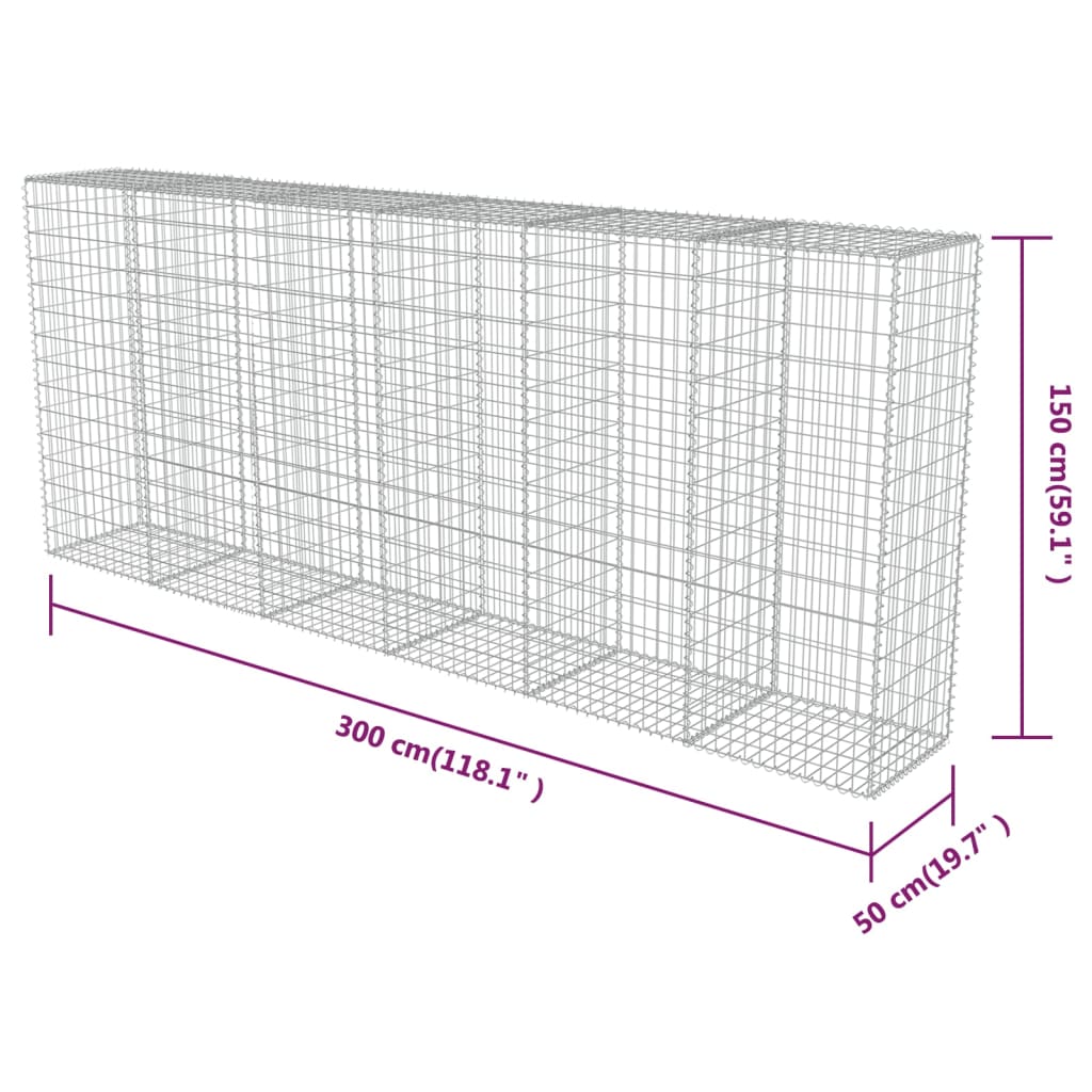 vidaXL Gabion Wall with Covers Galvanised Steel 300x50x150 cm