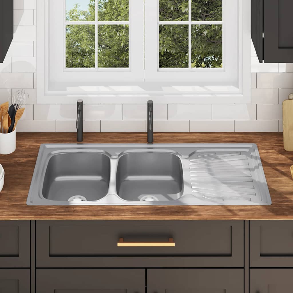Kitchen Sink Double Basin with Strainer & Trap Stainless Steel