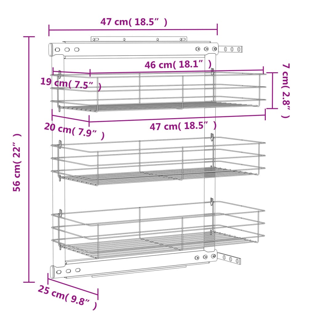 vidaXL 3-Tier Pull-out Kitchen Wire Basket Silver 47x25x56 cm