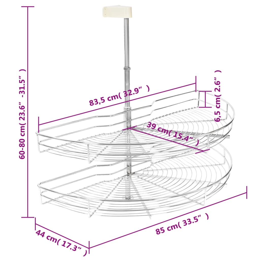 vidaXL 2-Tier Kitchen Wire Basket Silver 180 Degree 85x44x80 cm