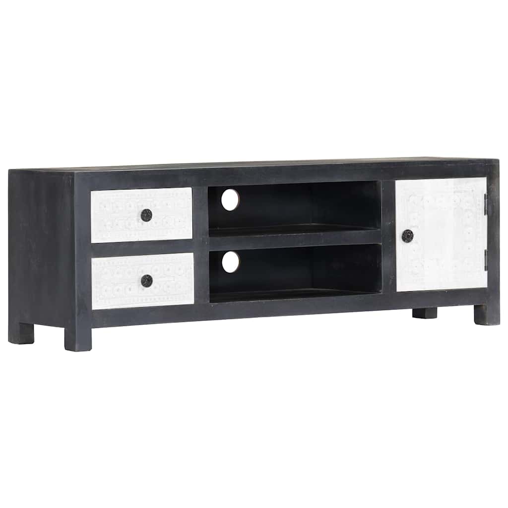 282723 vidaXL Hand Carved TV Cabinet Grey&White 120x30x40 cm Solid Wood Mango