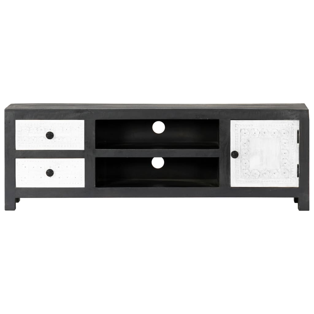 Hand Carved TV Cabinet Grey&White 120x30x40 cm Solid Wood Mango