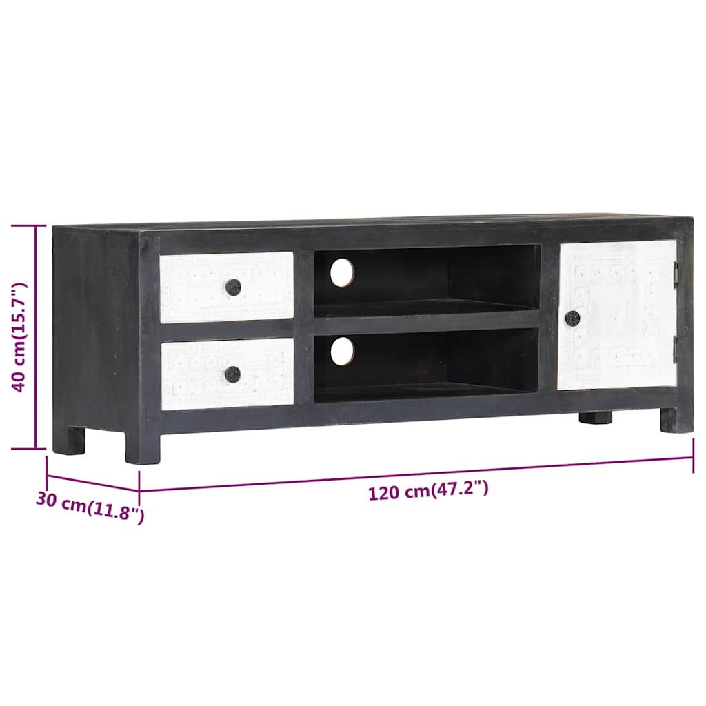 282723 vidaXL Hand Carved TV Cabinet Grey&White 120x30x40 cm Solid Wood Mango